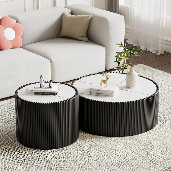 17.71" Black Round Coffee Table, Drum Coffee Table with Sintered Stone Tabletop and Fluted PU Leather Covered and Stable Base, Circle Cocktail Tea Table for Living Room
