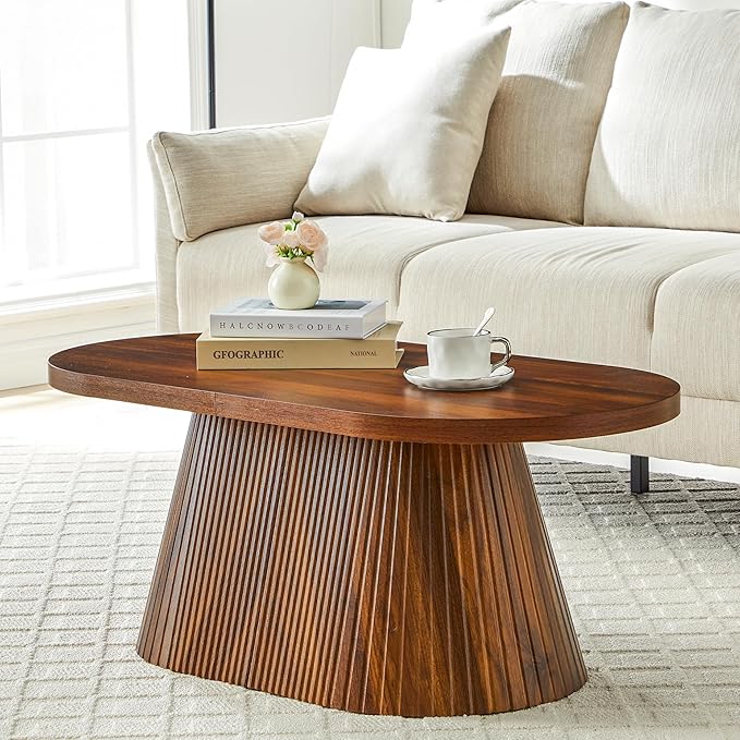 Fluted Coffee Table with Sturdy Tapered Base, Wood Oval Small Coffee Table, Mid Century Modern Center Table for Living Room Office (Walnut 1)