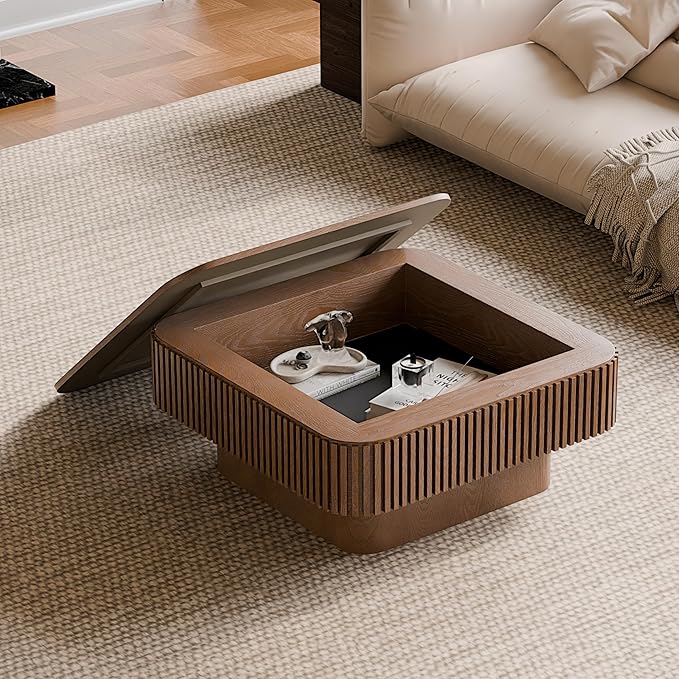 31.5'' Square Coffee Table with Storage, Mid Century Modern Fluted Drum Center Tables with Lid, Solid Wood Modern Coffee Table Accent Tea Table for Living Room, Bedroom, Apartment or Office, Walnut