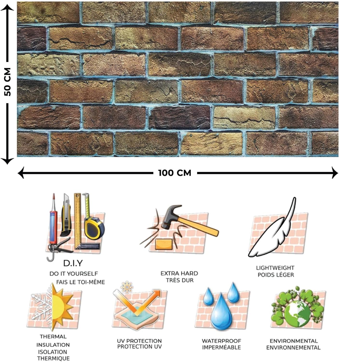 Dundee Deco 3D Wall Panels Faux Brick - Cladding, Brown Beige Stone Look Wall Paneling, Styrofoam Facing for Living Room, Kitchen, Bathroom, Balcony, Bedroom, Set of 10, Covers 54 sq ft