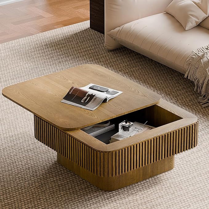 31.5'' Square Coffee Table with Storage, Mid Century Modern Fluted Drum Center Tables with Lid, Solid Wood Modern Coffee Table Accent Tea Table for Living Room, Bedroom, Apartment or Office, Brown