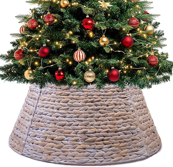 24in Christmas Tree Collar, Christmas Tree Ring Adjustable Water Hyacinth Skirt, Christmas Tree Skirt for Decoration, Base Protection from Pets (White)