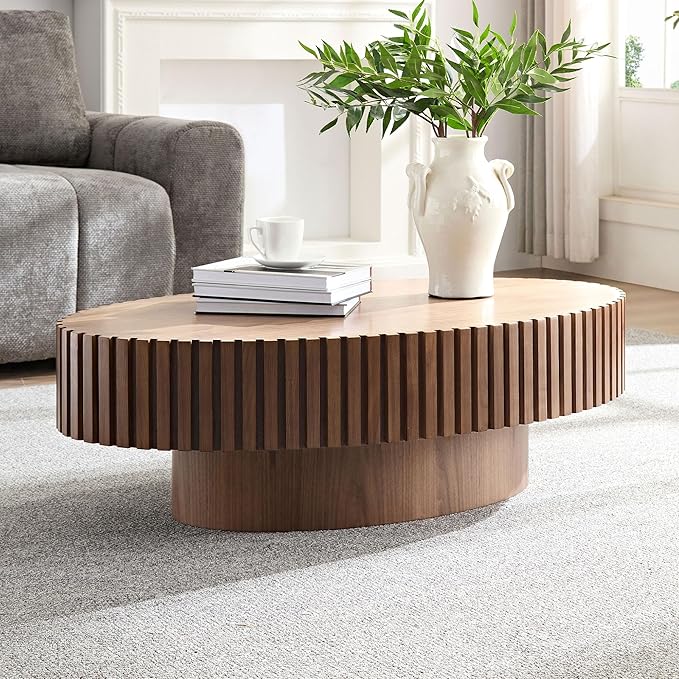 WILLIAMSPACE 43.7" Oval Coffee Table, Modern Luxury Wood Drum Center Table for Living Room, Handcraft Accent Side End Table for Apartment, 43.7"*24.8"*13.78"H (Walnut)