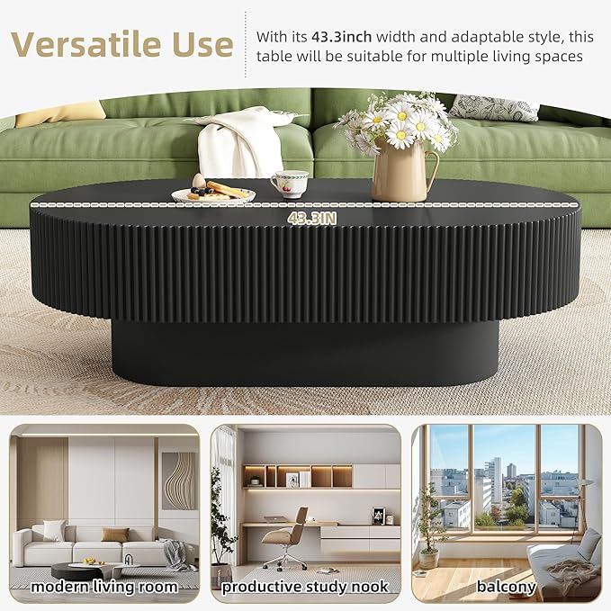 WILLIAMSPACE 43.3" Oval Coffee Table with 6.8" Thick Tabletop & Sturdy Base, Modern Drum Center Table Accent End Tea Table for Living Room, Minimalist Fluted Design, Easy Assembly, Black