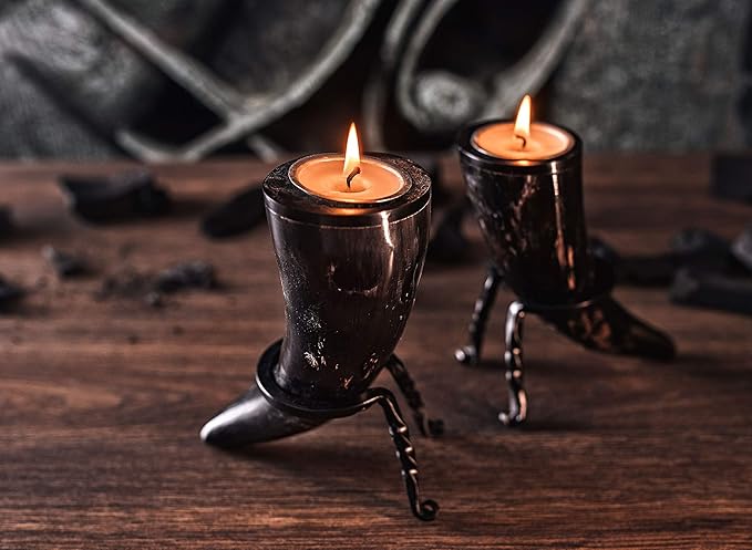 Genuine Ox-Horn Candle Sticks (2) with Tea Light Candles and Wrought Iron Stands Included