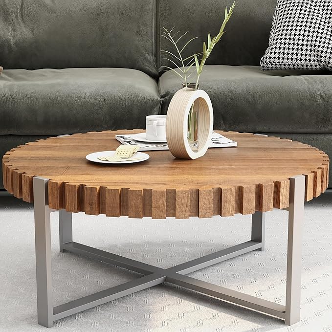 Modern Wood Round Coffee Table for Living Room, Farmhouse 31.5" Modern Compact Coffee Table, Wood Gear Table Top with Cross Metal Base, Drum Center Table for Living Room Apartment, Walnut