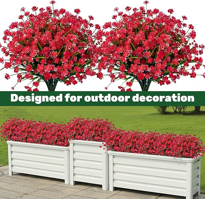 Lnoicy 10pcs Artificial Flowers for Outdoor,Plastic Flowers Decoration, UV Resistant Faux Flowers Shrubs, Artificial Plants for Indoor Outside Garden Home Wedding Farmhouse(Red)