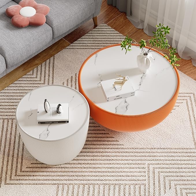 Round Living Room Table Set, 29.53" Orange Drum Center Table and 19.69" White Coffee Table Set, 2 Pieces Coffee Table Set with Sintered Stone Tabletop, Fluted PU Leather Covered and Metal Base