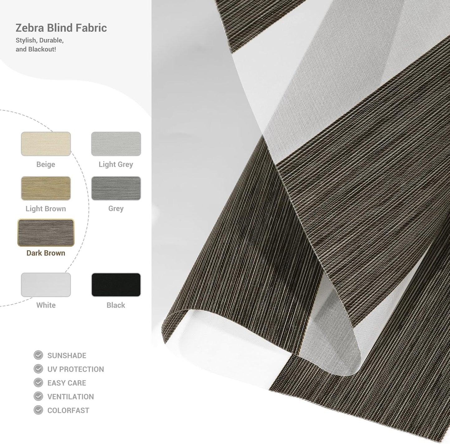 Cordless Zebra Blinds for Windows, Blackout Interior Blinds,Easy to Install,UV Protection,for Offices and Home,Custom Roller Shades, Mousse Dark Bown,73" W x 64" H