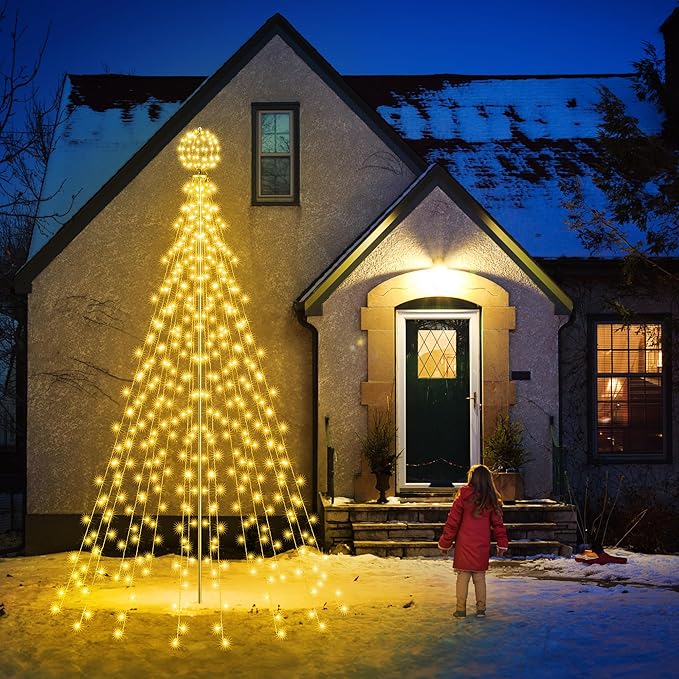 Flacchi 10 FT 432 LED Ball String Lights Outdoor - Pole Set with Remote, Multiple Lighting Modes, Timer, and Waterproof Feature for Ultimate Holiday Decor (Warm White & Multicolor)