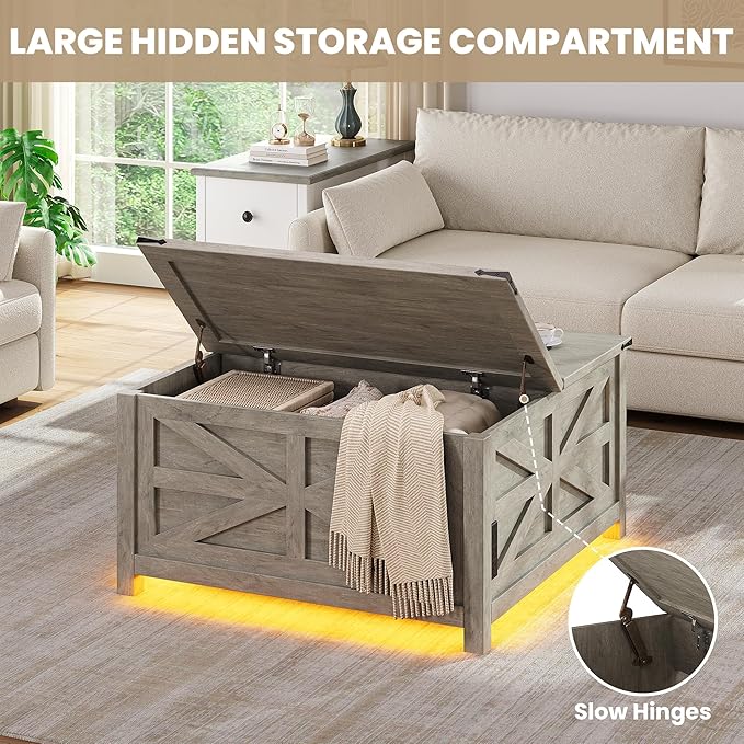 Farmhouse Coffee Table with Lift Top Storage, Square Wood Center Table, USB Charging Station,Grey