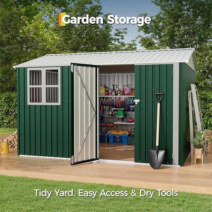 8x10 FT Outdoor Storage Shed,Metal Tool Shed with Clear Window, Lockable Doors,Large Garden Storage Box with Sloping Roof，Sheds&Outdoor Storage for Backyard Garden Patio Lawn, Navy Blue