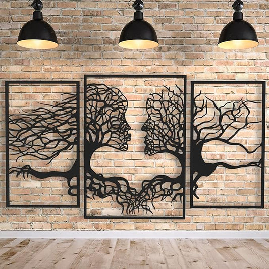 VAILLA Tree of Life Wall Wooden Art Abstract Tree Man Woman Face Large 3D Wooden Wall Decor Set of 3 Hanging Sculpture Modern Home Decoration 3D Textured Sculptures for Living Room Bedroom Office Dinnig Room (71"L x 39"W)