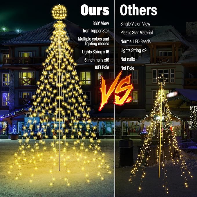 Flacchi 10 FT 432 LED Ball String Lights Outdoor - Pole Set with Remote, Multiple Lighting Modes, Timer, and Waterproof Feature for Ultimate Holiday Decor (Warm White & Multicolor)