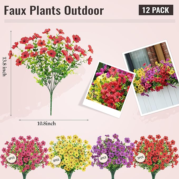 Der Rose 12 Bundles Artificial Flowers for Outdoors Fake Flowers Plants Spring Summer Decoration UV Resistant for Outside Home Porch Patio Garden Decor
