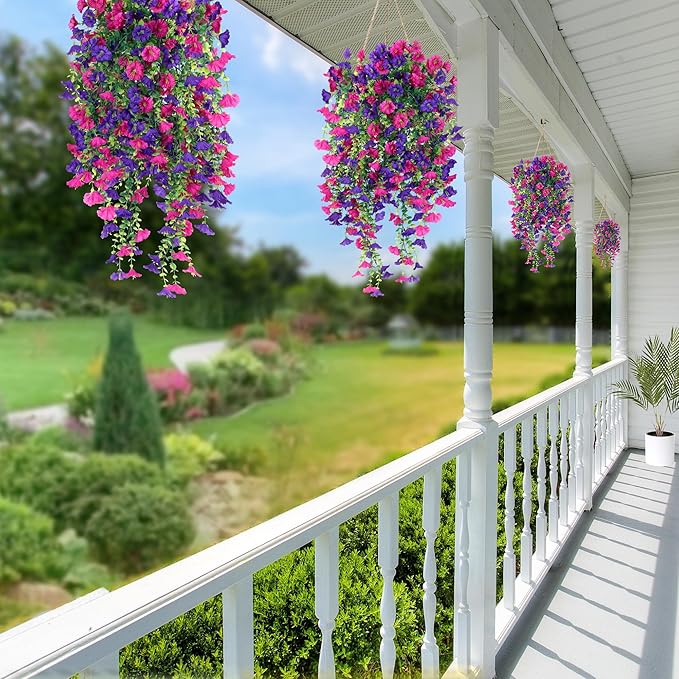 Artificial Fake Hanging Flowers Plants for Outdoor Outside Spring Summer Decoration 2PCS Faux Silk UV Resistant Realistic Morning Glory with Eucalyptus for Home Porch Patio Balcony(Purple & Magenta)