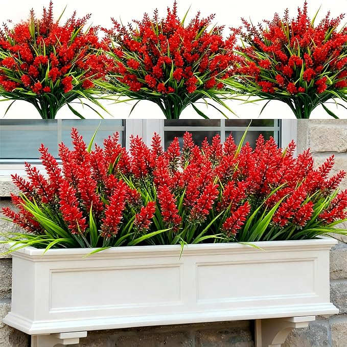 Geegoods Artificial Red Lavender Flowers for Outdoors – 24 Bundles UV Resistant Fake Flowers with Monkey Grass, Realistic Artificial Plants Outdoor for Garden, Patio, Porch, Window Box & Home Décor