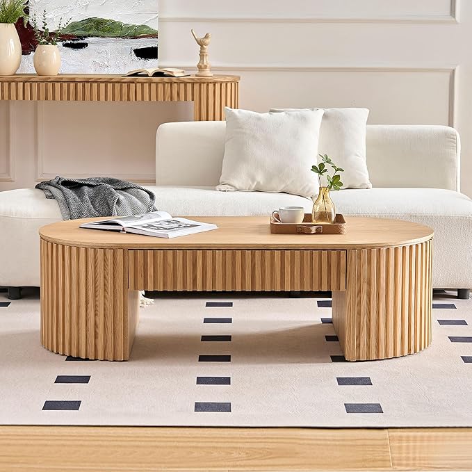 WILLIAMSPACE 51.18" Oak Oval Coffee Table with Drawer, Modern Luxury Wood Center Table Coffee Table for Living Room, Accent Side Table End Table for Apartment, 51.15" x 23.62" x 14.56" (Oak)