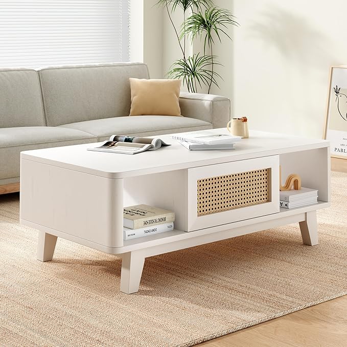 Soohow Coffee Table, Mid Century Living Room Tables with Storage, Modern Square with Rattan Drawer, Wooden Living Room Table with Solid Wood Leg