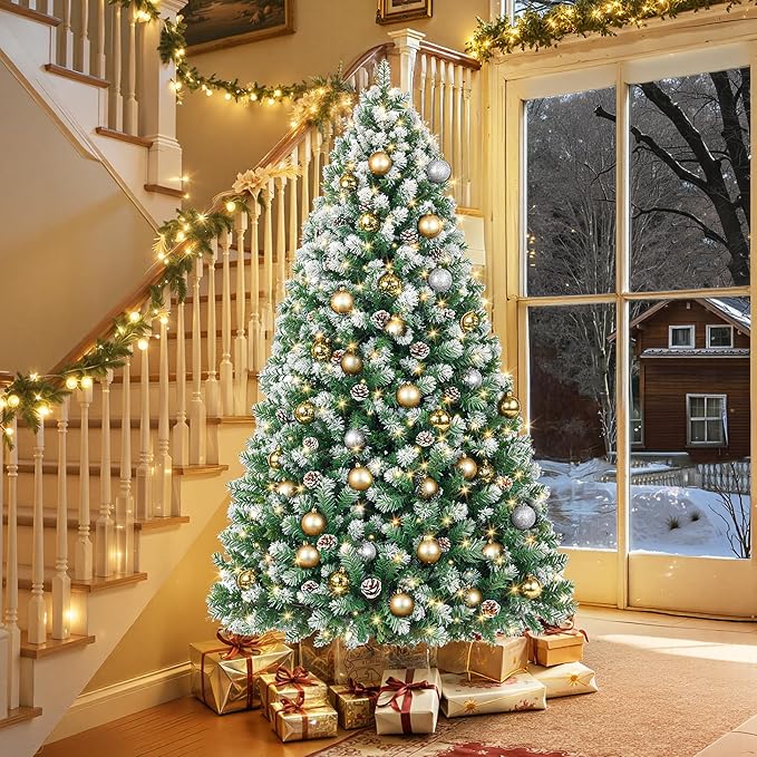 HOLLO STAR 6 ft Prelit Christmas Tree with 250 LED Lights, App Control, Artificial Christmas Tree, Multi-Color RGBW Lights, 914 Flocked Frosted Tips, 58 Pine Cones, Metal Base, for Home, Party