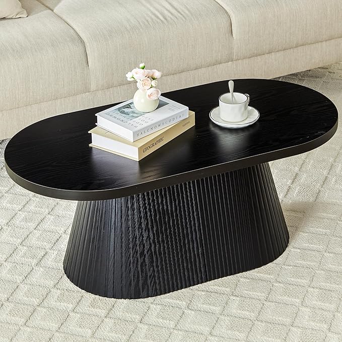 Fluted Coffee Table with Sturdy Tapered Base, Wood Oval Small Coffee Table, Mid Century Modern Center Table for Living Room Office (Black)