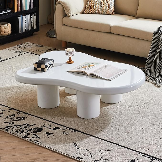 48 Inch Cloud Coffee Table, Modern White Coffee Table for Living Room, Large Wood Coffee Side Table with Irregular Tabletop and 4 Sturdy Legs for Home Office Bedroom