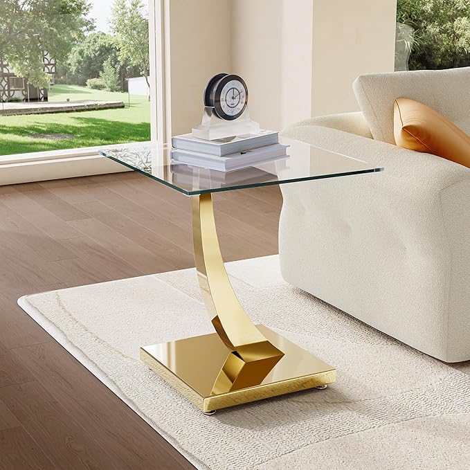 23" Glass End Table, Modern Square Side Table with Tempered Glass Top and Gold Horn-Shaped Stainless Steel Base for Apartment, Office