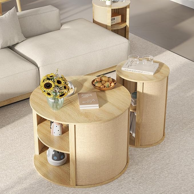 Wood Round Coffee Table Set, 2-Tier Farmhouse Center Coffee Table and End Table Sets of 2 with Adjustable Shelf, Sackcloth Finish, Boho, for Living Room, 27.5 Inches, Nature