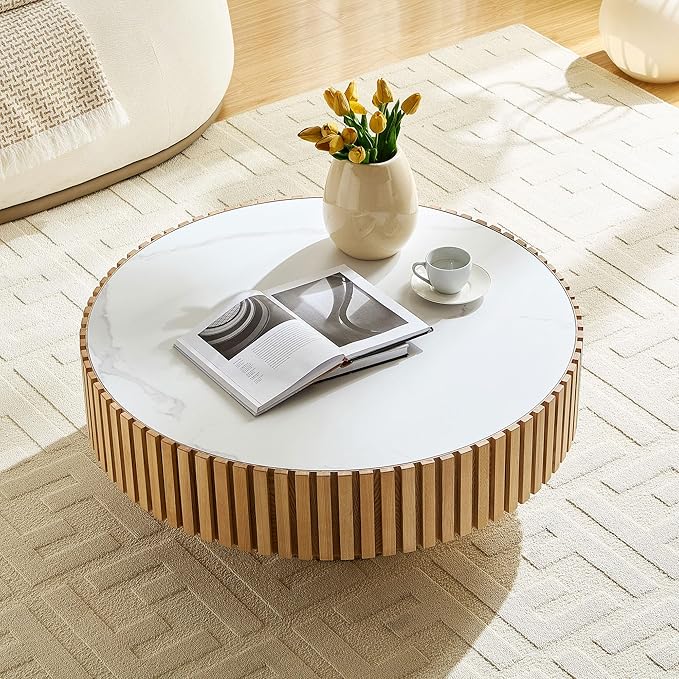 35.43'' Round Coffee Table with Faux Marble Tabletop, Modern Drum Center Coffee Tables Luxury Circle Coffee Table for Bedroom,Apartment,Living Room-Natural