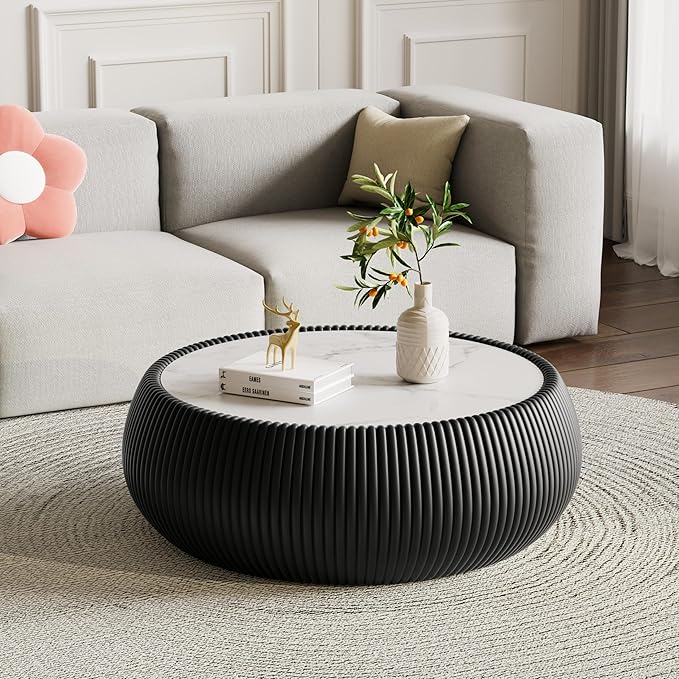 27.55" Black Round Coffee Table, Drum Coffee Table with Sintered Stone Tabletop and Fluted PU Leather Covered and Stable Base, Circle Cocktail Tea Table for Living Room