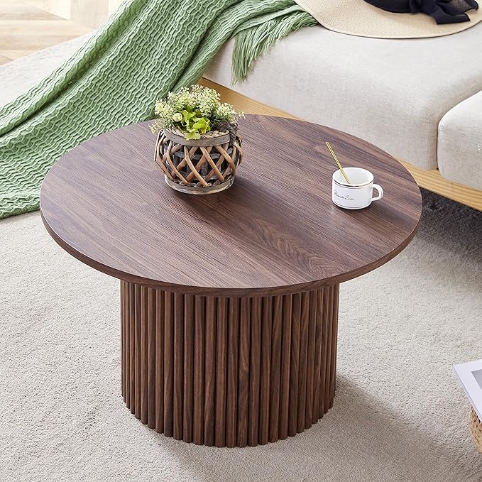 Small Round Coffee Table with Storage, 27.5IN Circle Wood Center Table Minimalist Fluted Coffee Table for Living Room (HT)