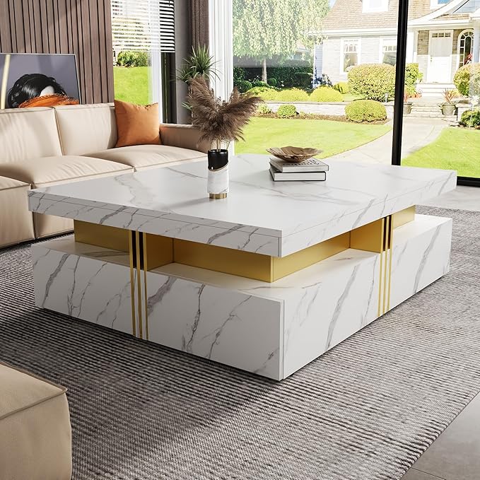 Merax 43.3" Modern Square Storage Coffee Table with 4 Drawers, with Marbling Gold Accents, Functional Center Tables for Living Room Apartment, White