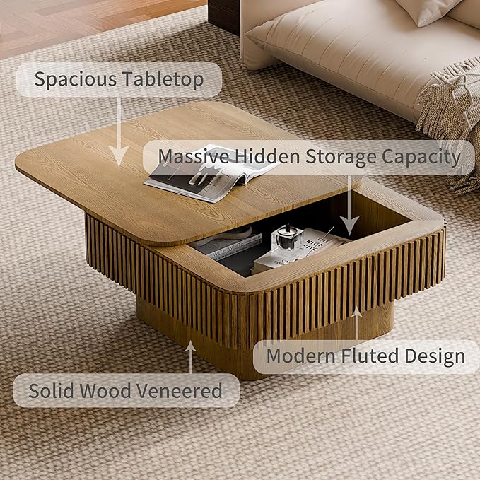 31.5'' Square Coffee Table with Storage, Mid Century Modern Fluted Drum Center Tables with Lid, Solid Wood Modern Coffee Table Accent Tea Table for Living Room, Bedroom, Apartment or Office, Brown