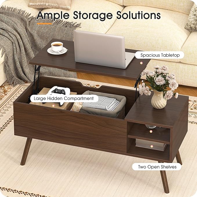 ALINE FURNITURE Walnut Brown Coffee Table Lift Top - Mid Century Modern Coffee Table with Wooden Legs, Hidden Storage Compartment & Open Shelves - 40" Wood Coffee Tables for Living Room & Small Space