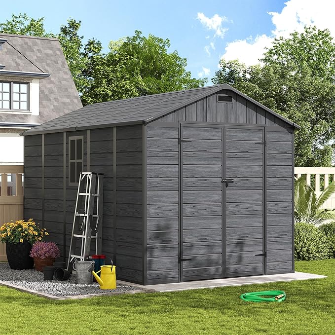 Amopatio Outdoor Storage Shed with Floor,8x10 FT Lockable Plastic Tool Shed with Ventilation,Waterproof Resin Garden Sheds for Backyard,Patio,Lawn and Bike Dark Grey