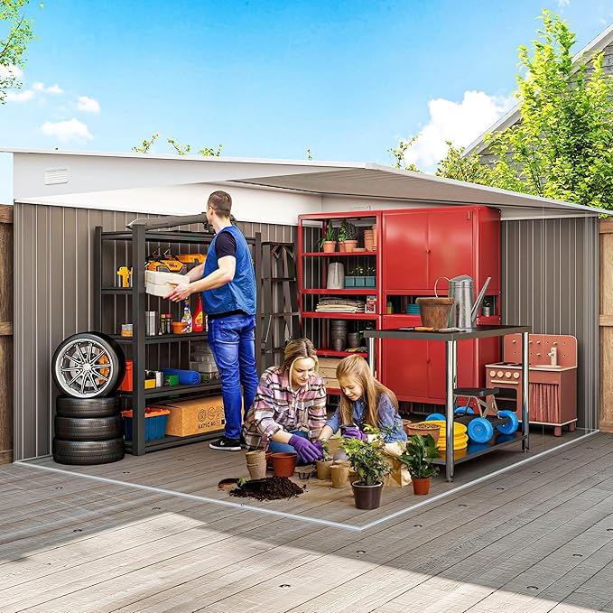 Outsunny 11' x 9' Outdoor Storage Shed, Metal Garden Tool House with Sloping Roof and Lockable Door for Backyard, Bike, Patio, Garage, Lawn, Gray