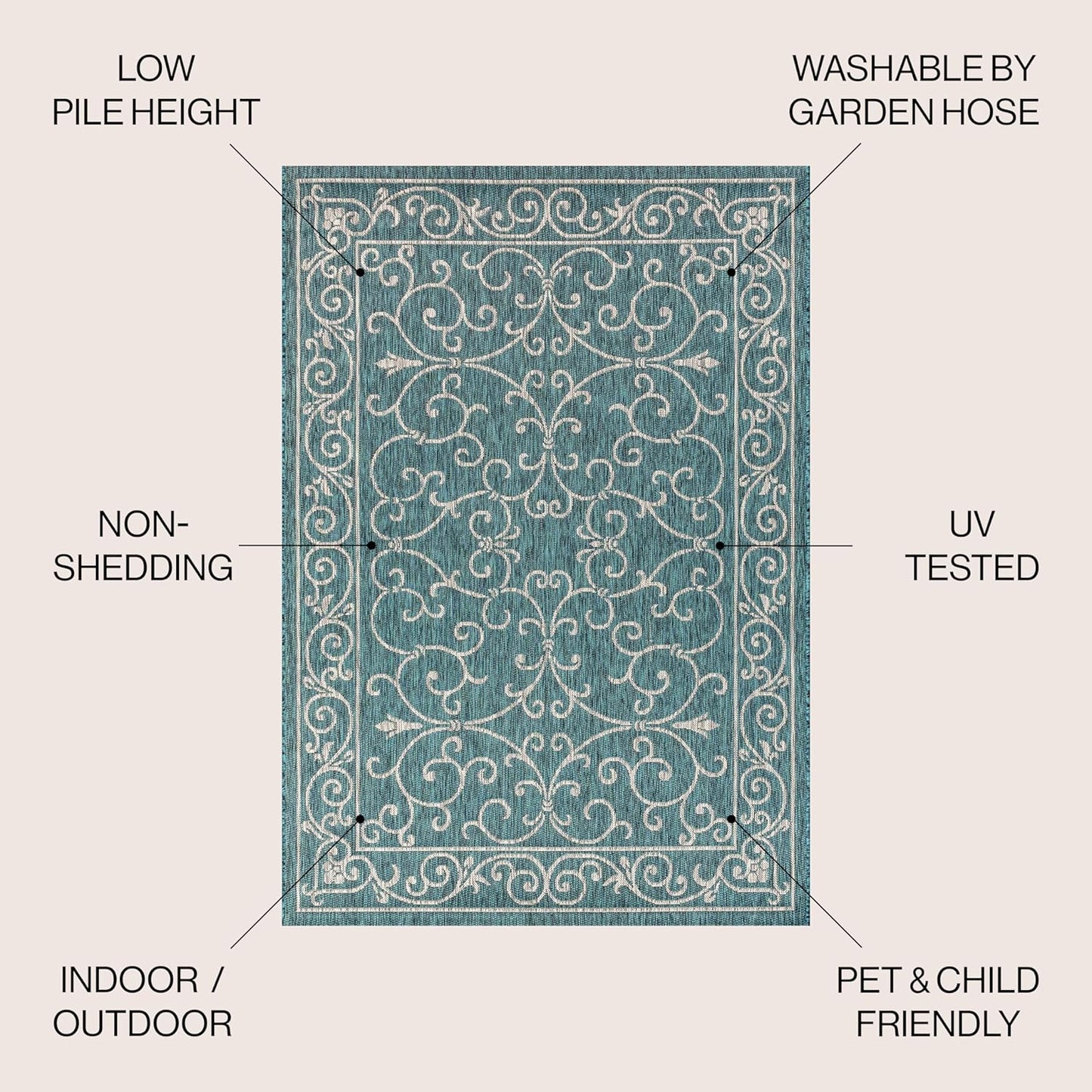 JONATHAN Y Vintage Filigree Indoor Outdoor Square Area Rug 8X8 Teal/Gray, Charleston Textured Weave for Backyard, Patio, Porch, Easy-Cleaning, High Traffic, Pet-Friendly, Non-Shedding (SMB106F-8SQ)