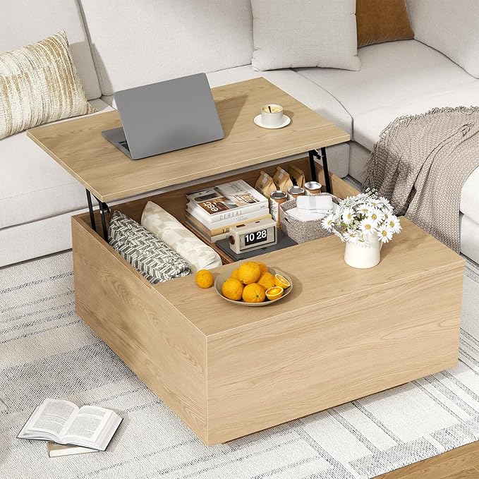 FABATO Lift Top Coffee Table, Wood Square Coffee Table with Storage, Farmhouse Coffee Tables with Hidden Storage Compartment, Center Table with Lifting Tabletop for Living Room, Home Office, Natural