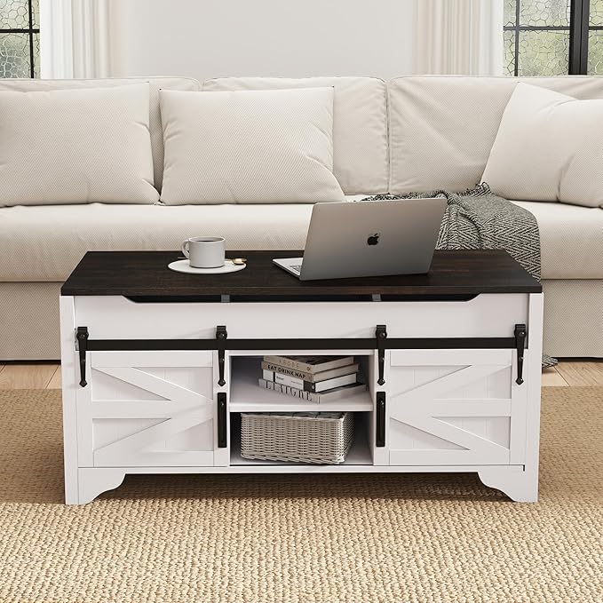 Lift Top Coffee Table with Sliding Barn Door 47.64" W Rustic Storage Coffee Tables, Wood Rectangle Center Table with Hidden Storage Compartment for Home, Office, White and Black