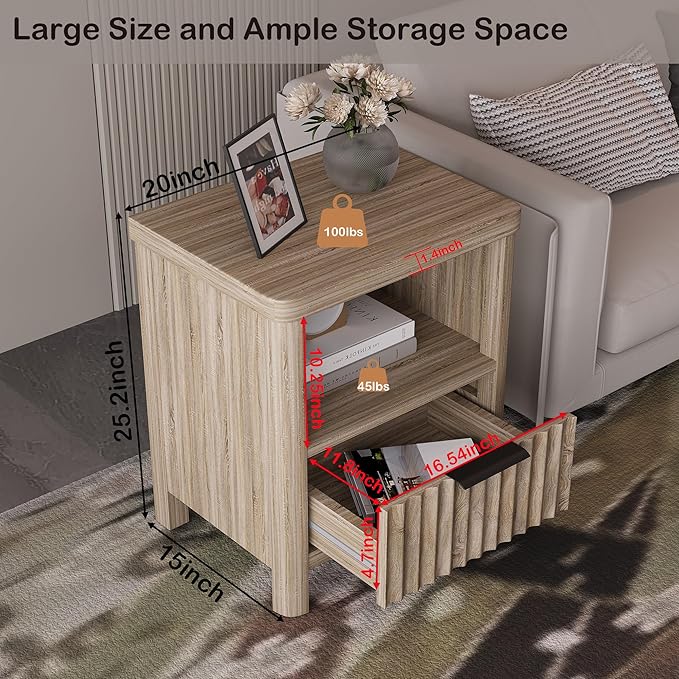 Nightstand Night Stand with Drawer Storage, Large Modern Wood Bed Side Table with Fluted Panel, Mid Century Farmhouse Sofa Couch End Table for Bedroom (Nature Wood, 20 * 15Inch /1 Piece)