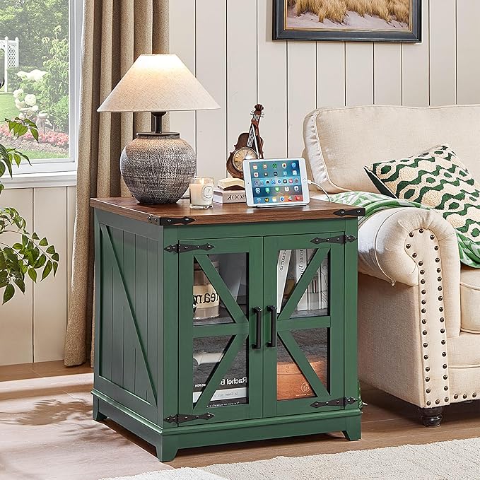 Farmhouse End Table Set of 2, 24" Large Sofa Side Table with Charging Station Glass Barn Door, Wood Nightstand with Adjustable Storage Shelf, Square Bedside Table for Living Room, Bedroom,Office-Green