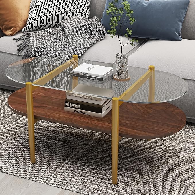Modern Oval Glass Coffee Tables, 2-Tier Mid Century Modern Center Table, Tempered Glass Tabletop & Golden Metal Frame, Living Room, Office