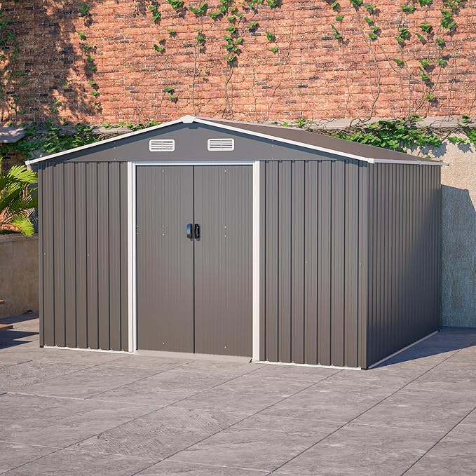 10x8 FT Outdoor Storage Shed with Floor Frame, Metal Sheds Included Double Air Vents & Lockable Sliding Door Foundation Steel Garden Tool Shed with Waterproof Roof Ideal for Backyard Patio Dark Gray