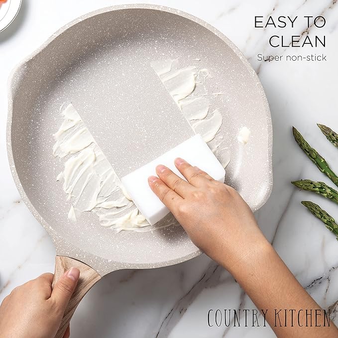 Country Kitchen Non-Stick Cast Aluminum Cookware Set - Durable Kitchen Cookware for Everyday Cooking, Cream, 15 Pc.
