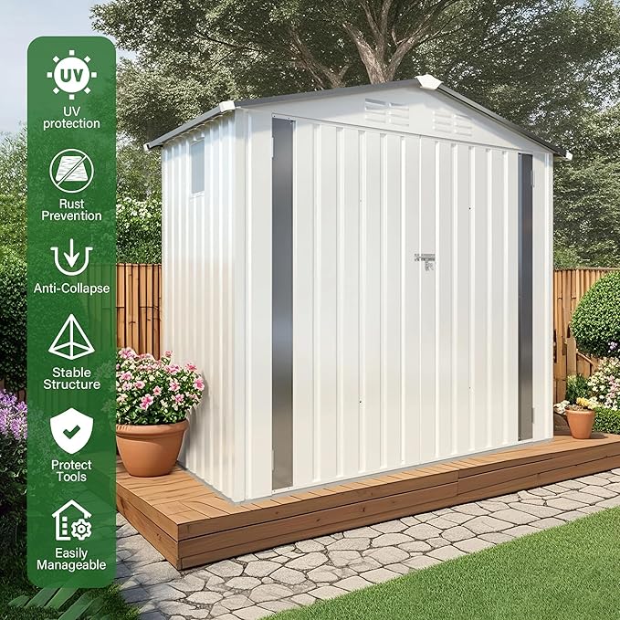 6x3.5 FT Outdoor Storage Shed, Small Metal Garden Shed with Window, Outside Tool Sheds with Lockable Hinged Doors, Waterproof Storage Building with 4 Air Vents for Backyard, Patio, Lawn, White
