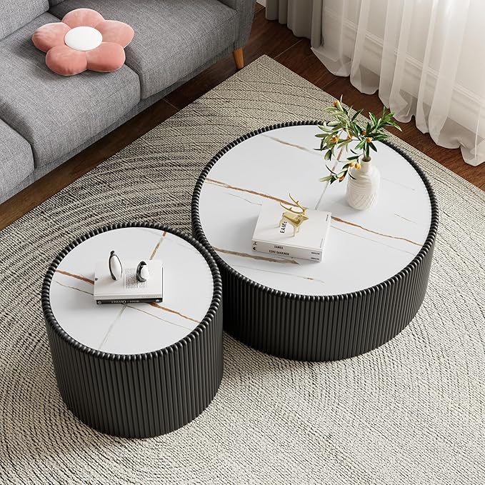Round Living Room Table Set, 29.52" Black Drum Center Table and 17.71" Black Coffee Table Set, 2 Pieces Coffee Table Set with Sintered Stone Tabletop, Fluted PU Leather Covered and StableBase