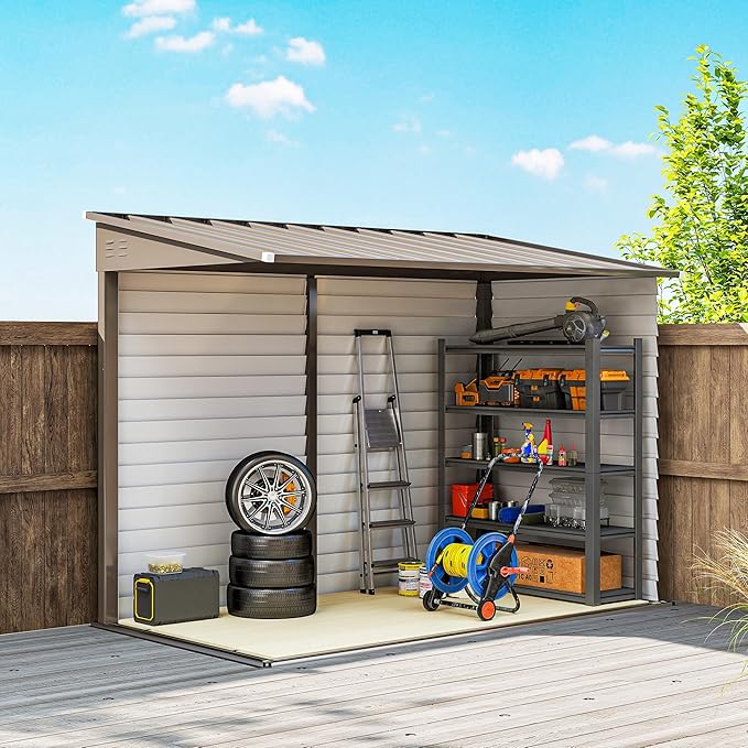 Outsunny 4.6' x 9' Steel Outdoor Storage Shed, Lean to Shed, Metal Tool House with Foundation Kit, Lockable Doors, Gloves and 2 Air Vents for Backyard, Patio, Lawn, Brown