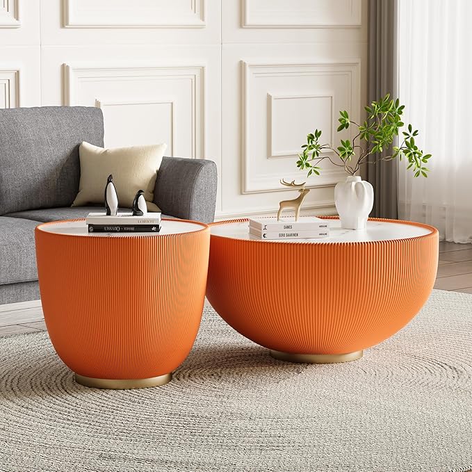 29.53" Orange Round Coffee Table, Drum Coffee Table with Sintered Stone Tabletop and Fluted PU Leather Covered and Metal Base, Circle Cocktail Tea Table for Living Room