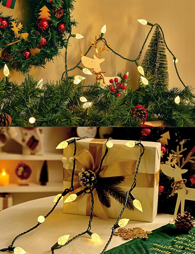 BOHON Christmas Lights Outdoor, Faceted C6 25ft 50 LED String Lights Plug in, Waterproof Extendable Green Wire Christmas String Lights for Indoor Patio Xmas Tree Decoration (Warm White)