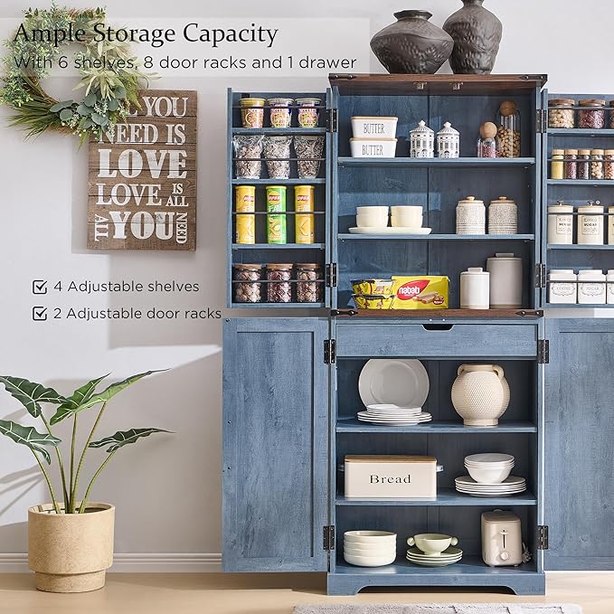 ACCOHOHO 72" Tall Kitchen Pantry, Farmhouse Storage Cabinet with Barn Doors, Organizer, Drawer and Adjustable Shelves, Rustic Wood Cupboard for Kitchen, Dining Room, Bathroom and Hallway, Rustic Blue